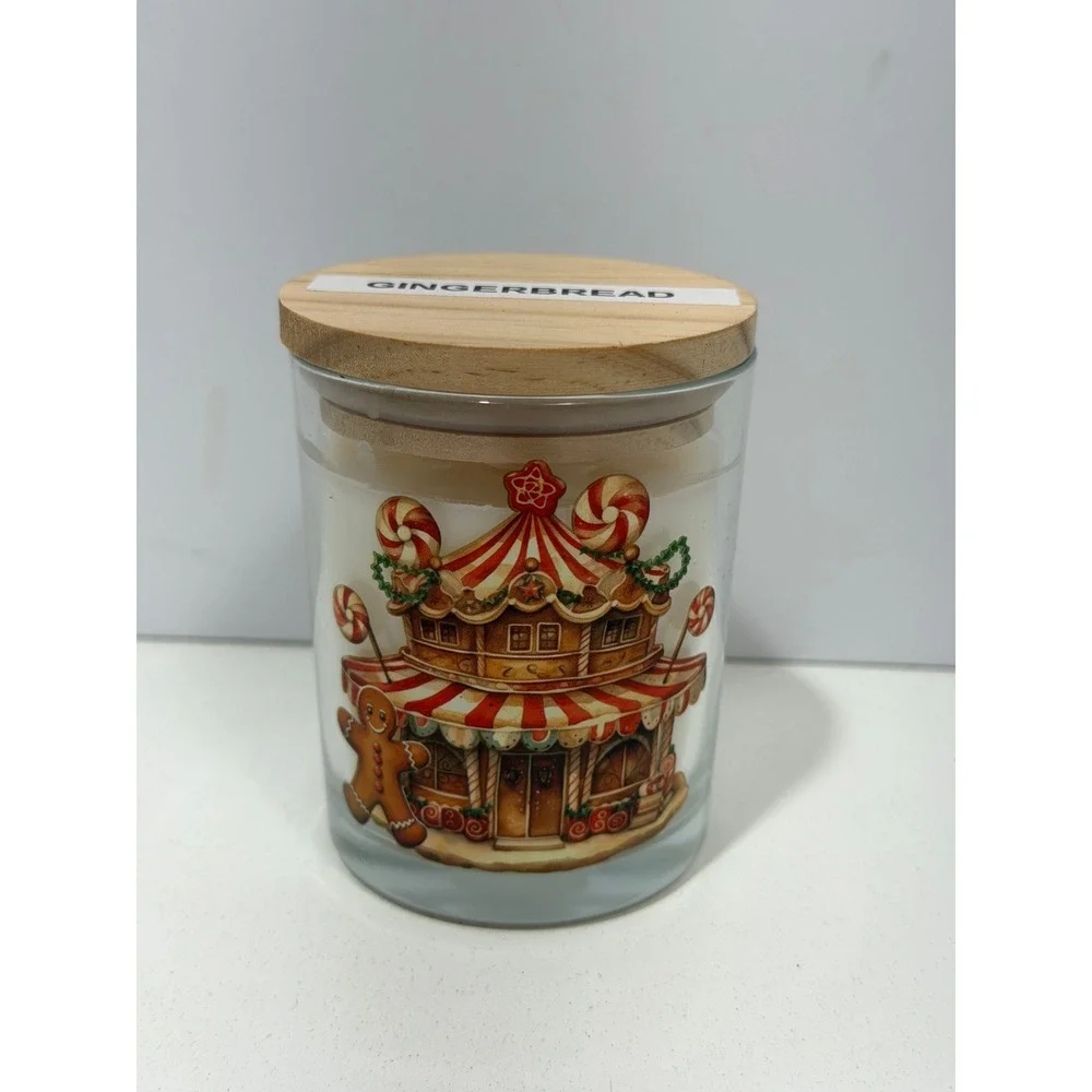 Gingerbread Scented Candle Glass Jar Christmas Carousel Gingerbread Man Wood Lid